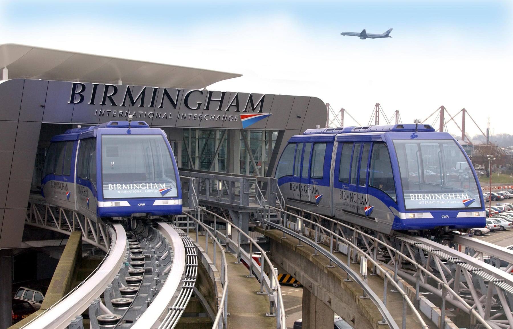 Two Air-Rail Link people-mover cars at the Birmingham International interchange beside the airport