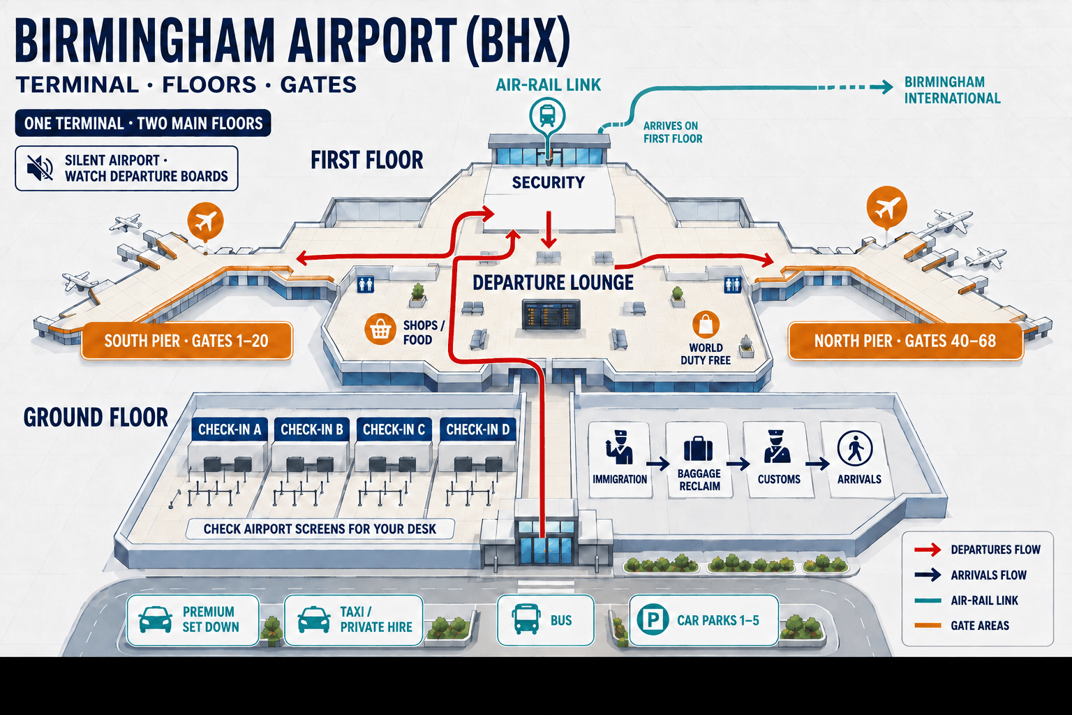 A cutaway map of Birmingham Airport's single terminal: check-in and arrivals on the ground floor, security and the departure lounge on the first floor, and the south and north gate piers