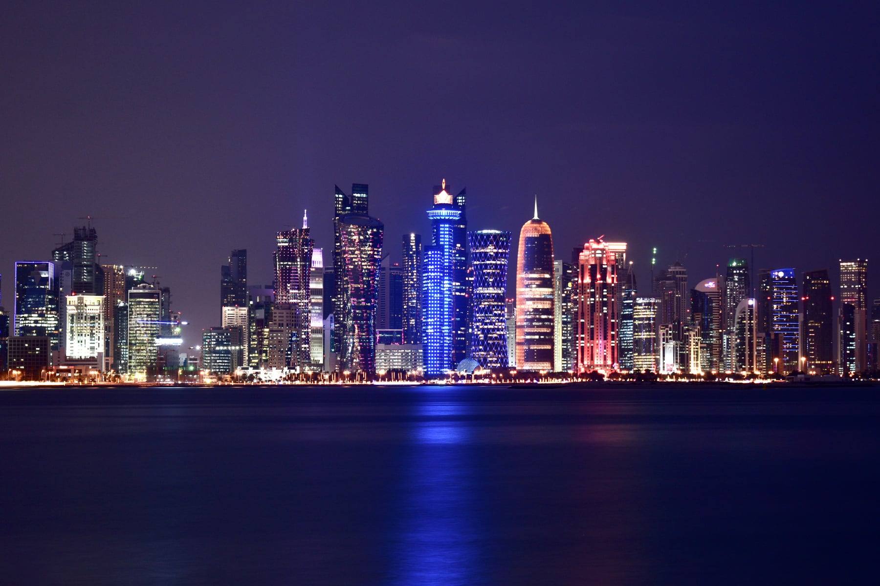 The West Bay skyline of Doha, Qatar, lit at night