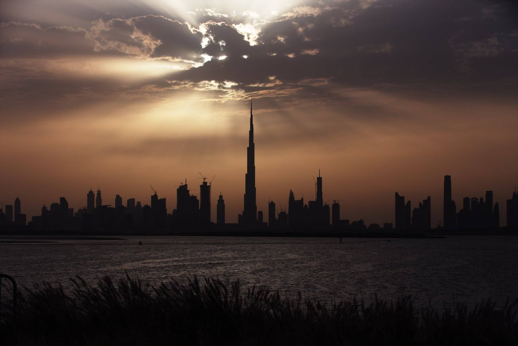 The Dubai skyline with the Burj Khalifa at dusk