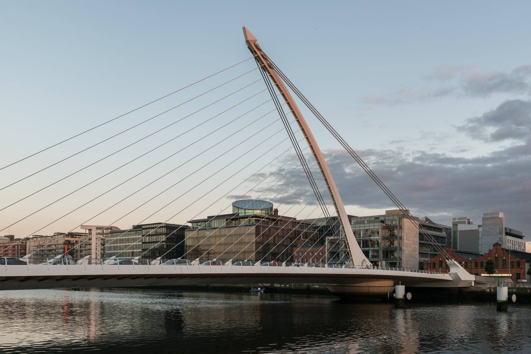 The harp-shaped Samuel Beckett Bridge over the River Liffey in Dublin