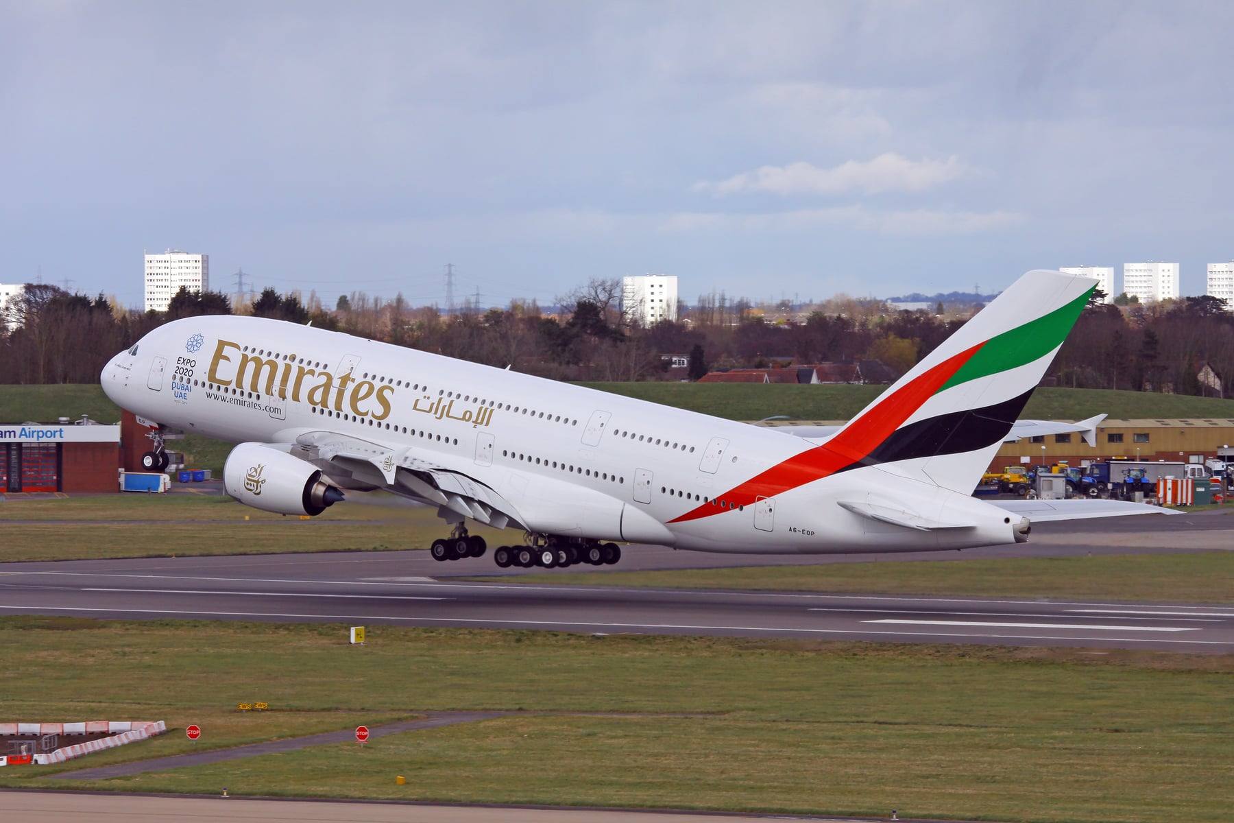 An Emirates Airbus A380 taking off from Birmingham Airport