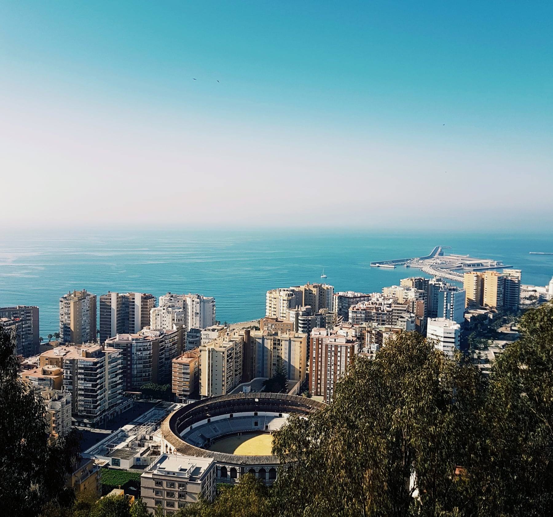 A view over the city of Malaga to the port and the Mediterranean